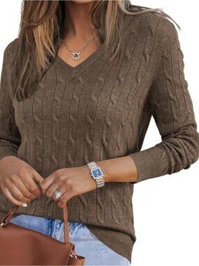 Women's V Neck Cable Knit Sweater Lightweight Long Sleeve Pullover